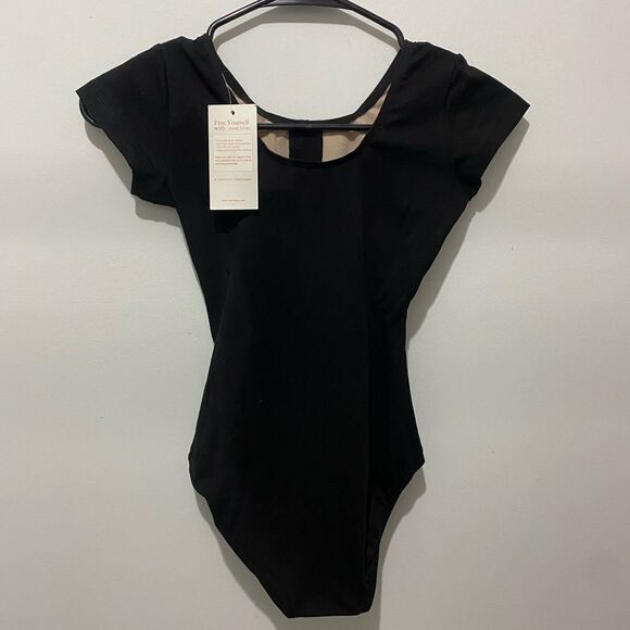 Black Bodysuit with Cap Sleeves and Scoop Neckline - Picture 1 of 4